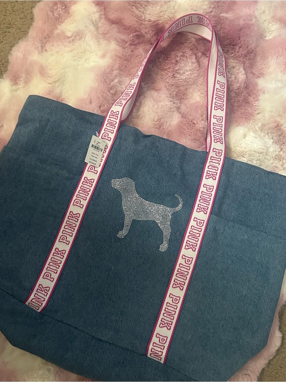 PINK Victoria's Secret Denim Tote with Pink Logo Straps and Rhinestone Dog
